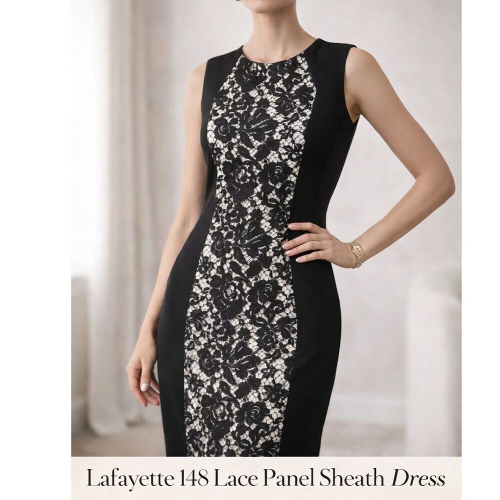 Lafayette 148 New York Black and White Lace Front Punto Milano Dress 4 Cocktail